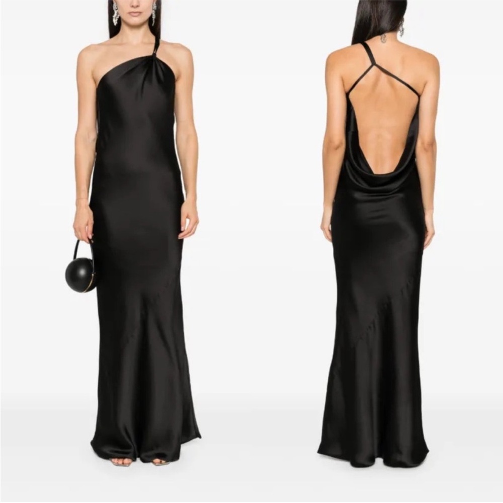 Norma Kamali One Shoulder Bias Gown Maxi Dress Draped Back Satin Black Sz M - Picture 3 of 10